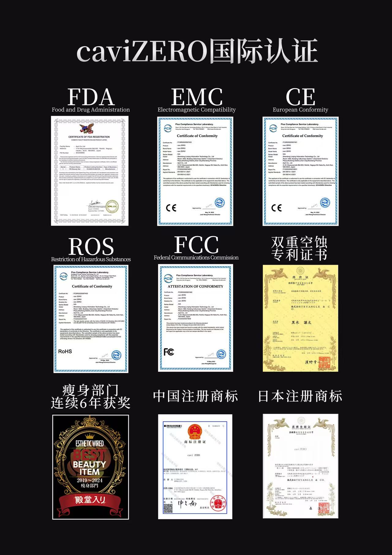 CaviZero certifications - FDA, EMC, CE, ROS, FCC and Beauty Item award